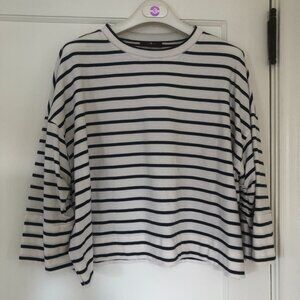 7 For All Mankind classic navy stripe cotton knit top, size S, NWOT